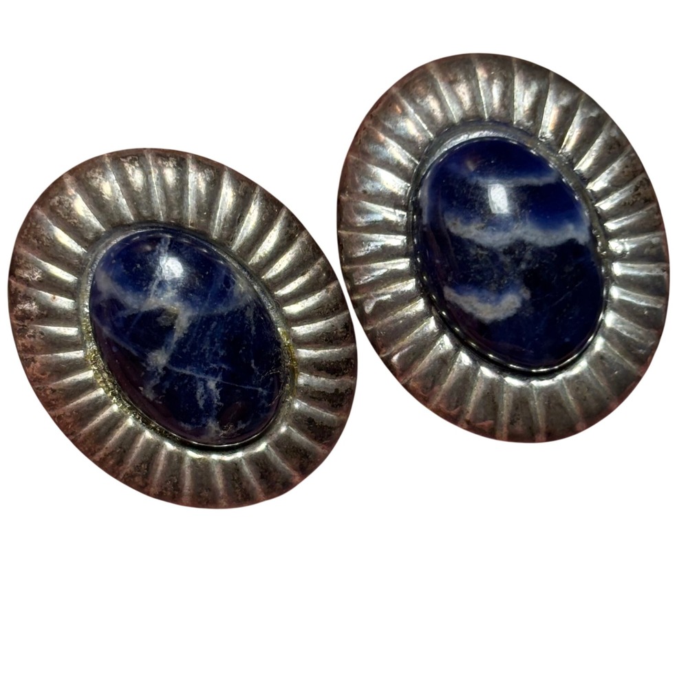 Vintage Sterling Silver Sodalite Oval Post Earrings Ribbed‎ Border Southwest